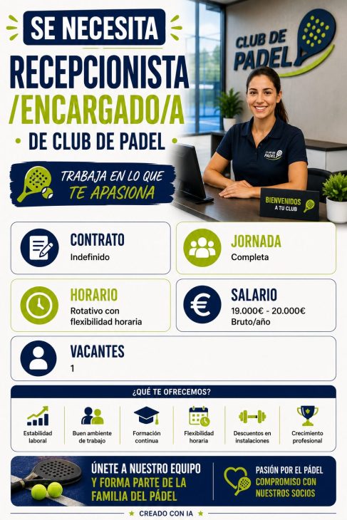 Se necesita recepcionista/encargado/a de club de padel