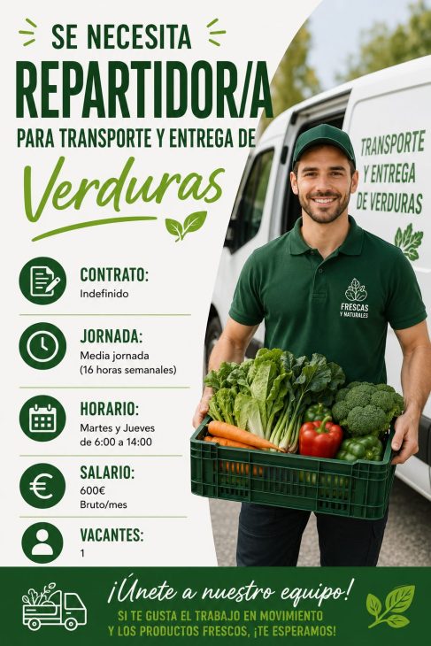 Se necesita repartidor/a para transporte y entrega de Verduras