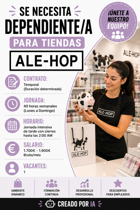 Se necesita dependiente/a para tiendas ALE-HOP