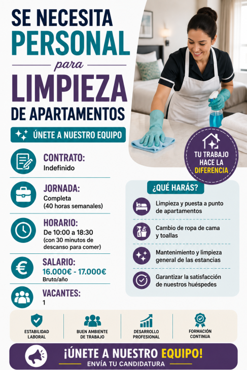 Se necesita personal para limpieza de apartamentos