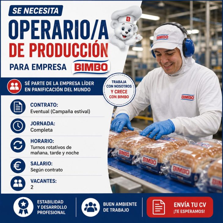 Se necesita operario/a de producción para empresa Bimbo