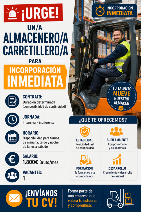 Urge un/a almacenero/a carretillero/a para incorporación inmediata