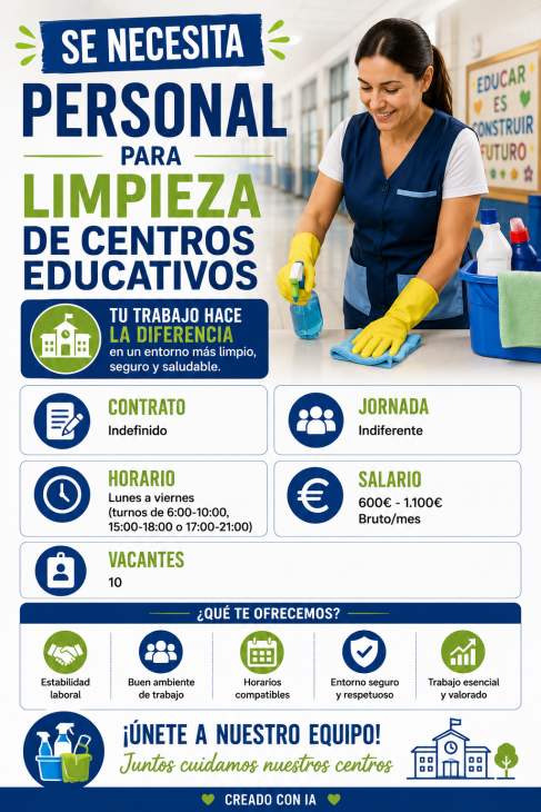 Se necesita personal para limpieza de centros educativos