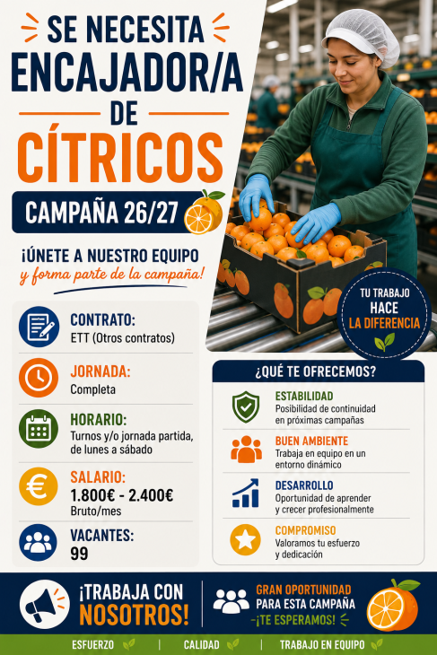 Se necesita encajador/a de cítricos campaña 26/27