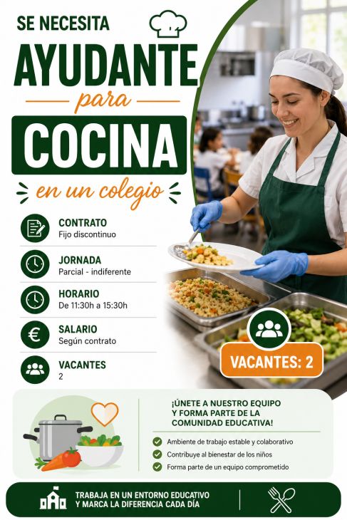 Se necesita ayudante para cocina en un colegio