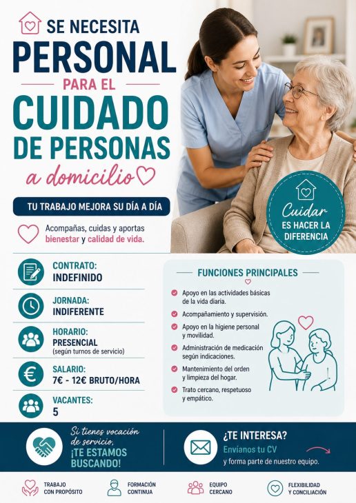 Se necesita personal para el cuidado de personas a domicilio