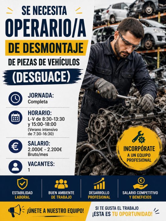 Se necesita operario/a de desmontaje de piezas de vehículos (Desguace)