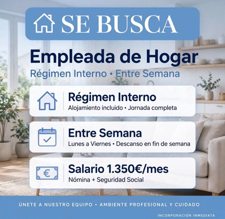 Se necesita empleada de hogar interna entre semana
