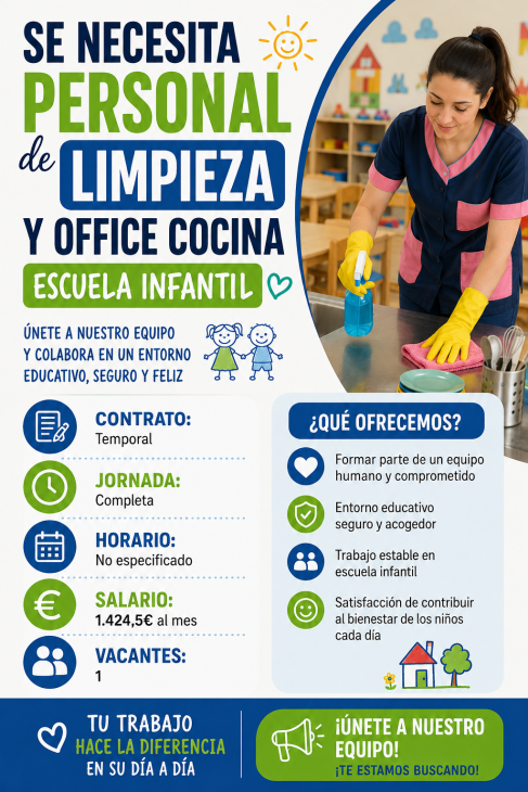 Se necesita personal de limpieza y office cocina – escuela infantil