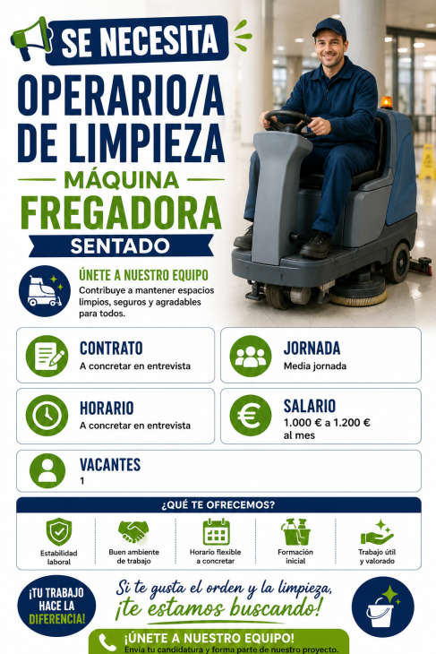 Se necesita operario/a de limpieza máquina fregadora sentado /a(H/M/D)