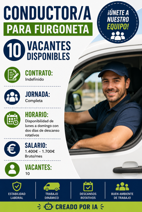 Se necesita conductor/a para furgoneta 10 vacantes disponibles