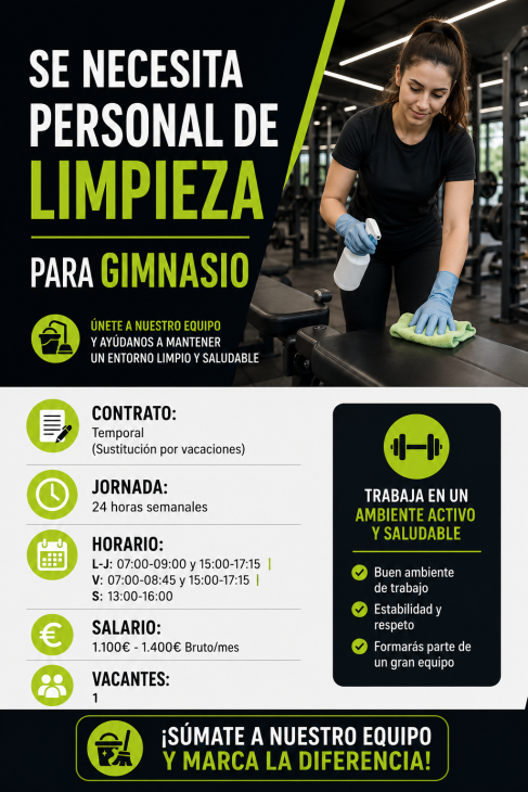 Se necesita personal de limpieza para gimnasio