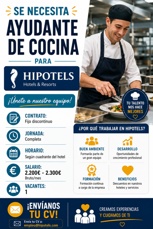 Se necesita ayudante de cocina para Hipotels