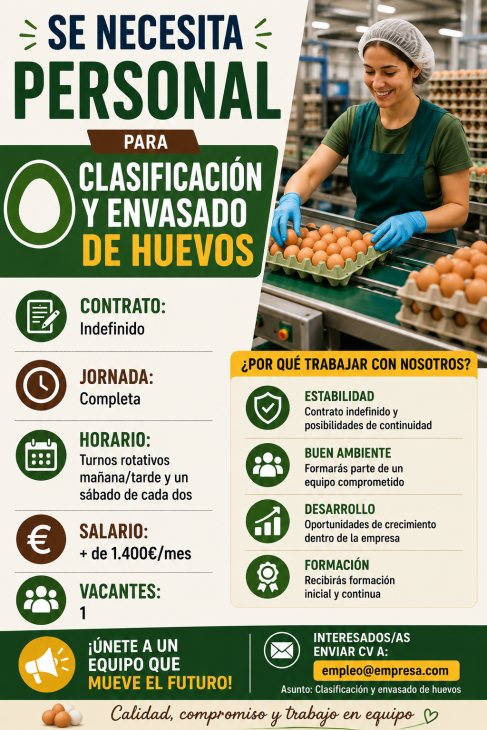 Se necesita personal para clasificación y envasado de huevos