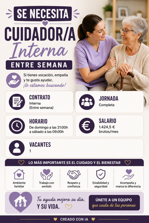 Se necesita cuidador/a Interna entre semana