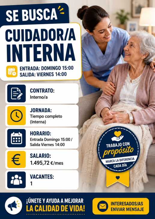 Cuidador/a Interna Entrada: Domingo 15:00 / Salida: Viernes 14:00