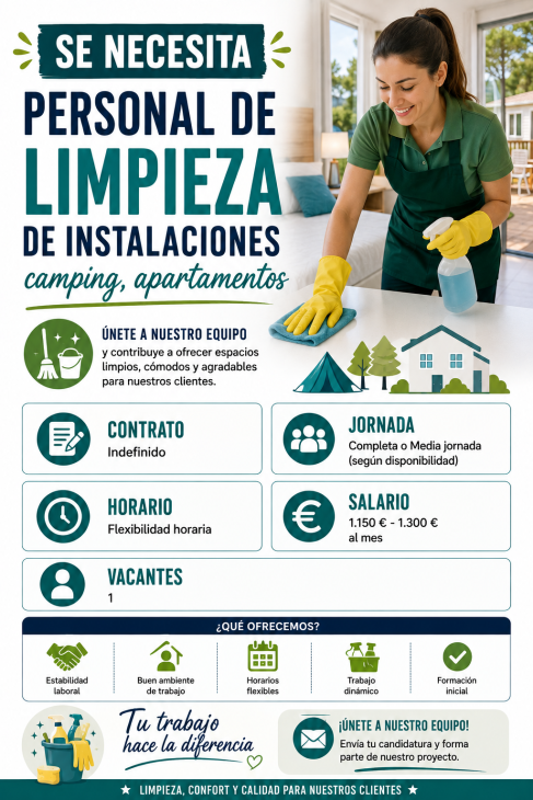Se necesita personal de limpieza de instalaciones camping, apartamentos.
