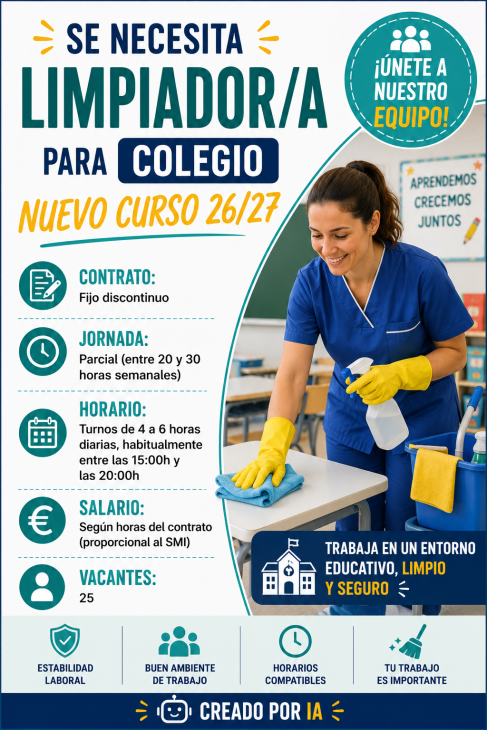 Se necesita limpiador/a para colegio nuevo curso 26/27