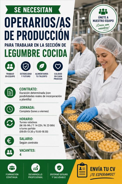 Operarios/as de Producción para trabajar en la sección de legumbre cocida