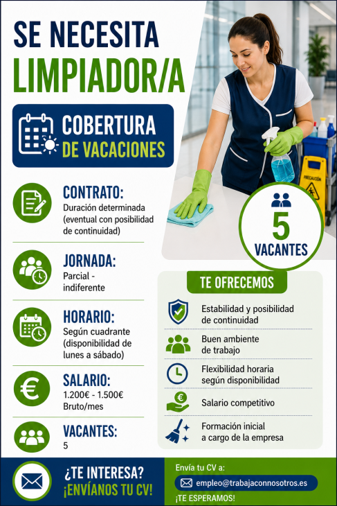 Limpiador/a cobertura de vacaciones 5 vacantes