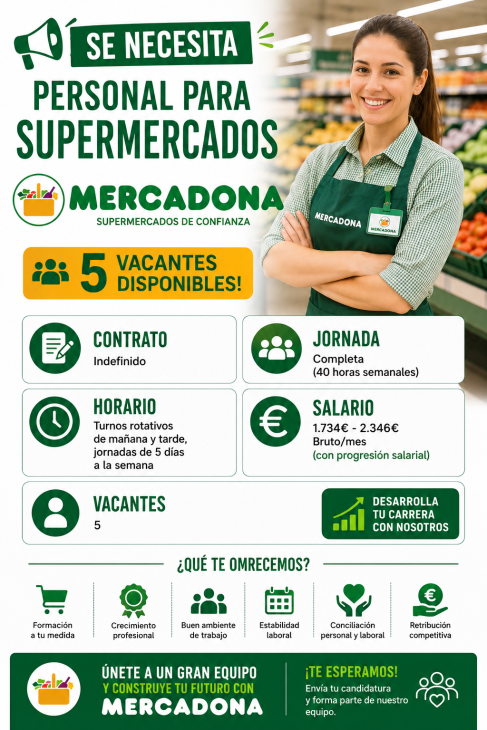 Se necesita personal para supermercados Mercadona 5 vacantes disponibles