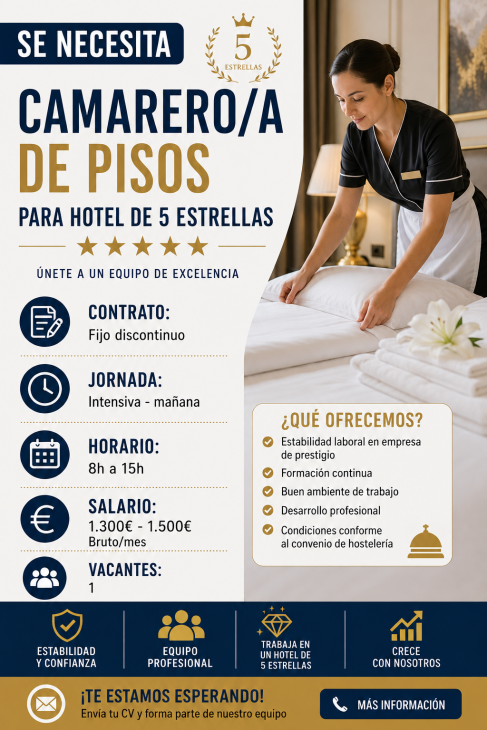 Se necesita camarero/a de pisos para hotel de 5 estrellas
