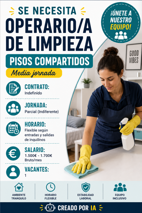 Se necesita operario/a de limpieza – Pisos compartidos (Media jornada)