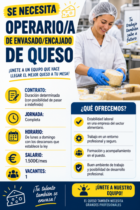 Se necesita operario/a de envasado/encajado de queso