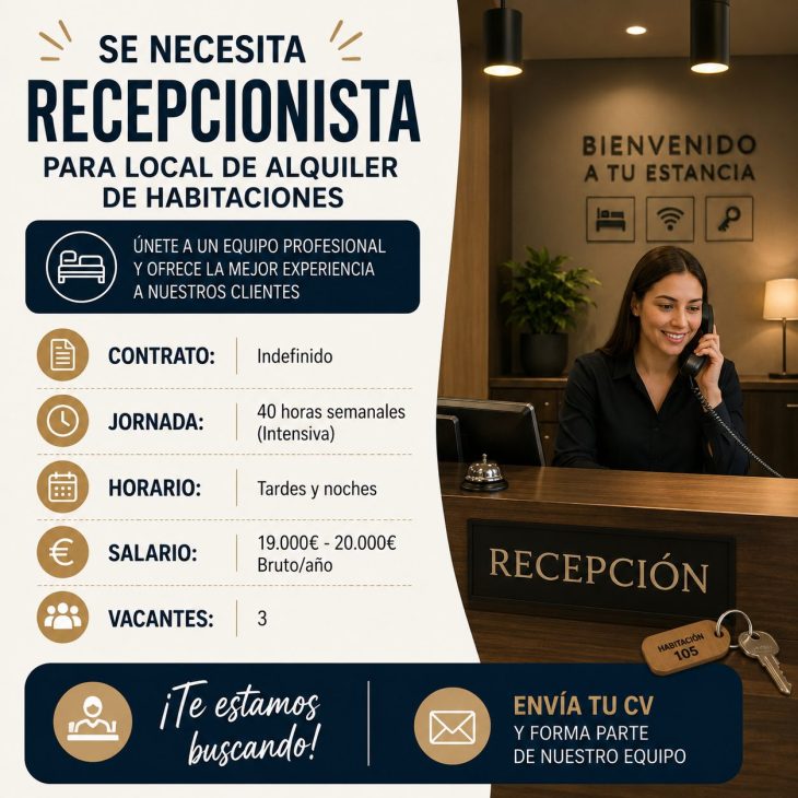 Se necesita recepcionista para local de alquiler de habitaciones
