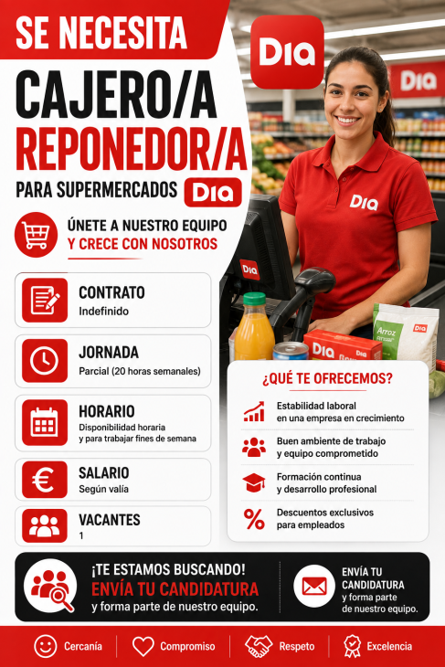 Se necesita cajero/a reponedor/a para supermercados Día
