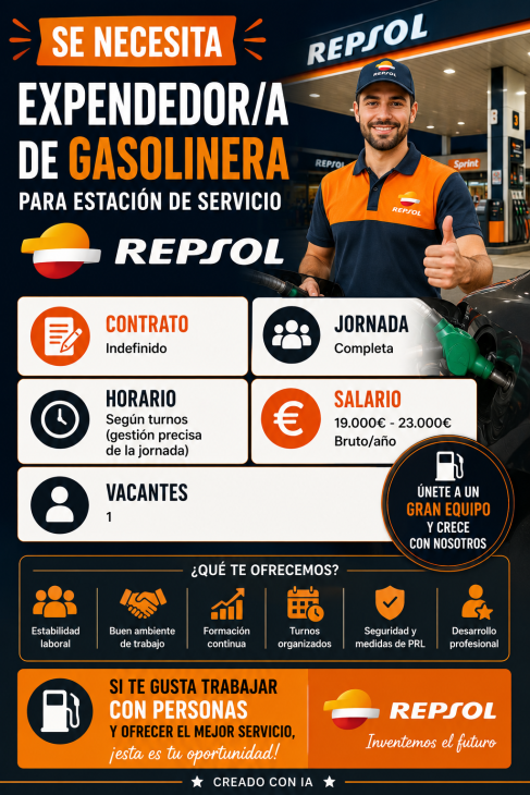 Se necesita expendedor/a de gasolinera para estación de servicio Repsol