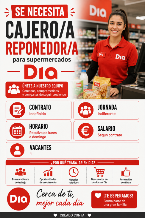 Se necesita cajero/a reponedor/a para supermercados Dia
