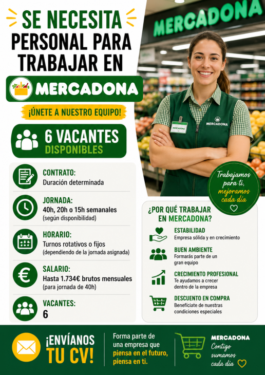 Se necesita personal para trabajar en Mercadona (6 vacantes disponibles)
