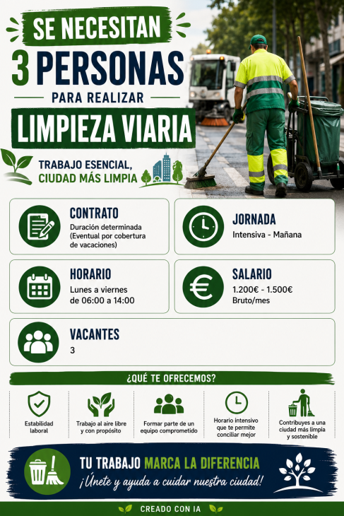 Se necesita 3 personas para realizar limpieza viaria