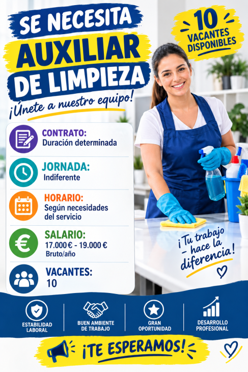 Se necesita auxiliar de limpieza 10 vacantes disponibles