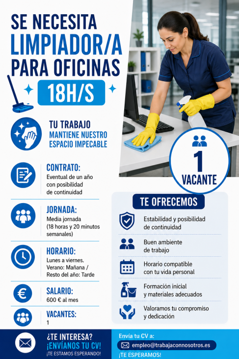 Se necesita limpiador/a para oficinas 18h/s