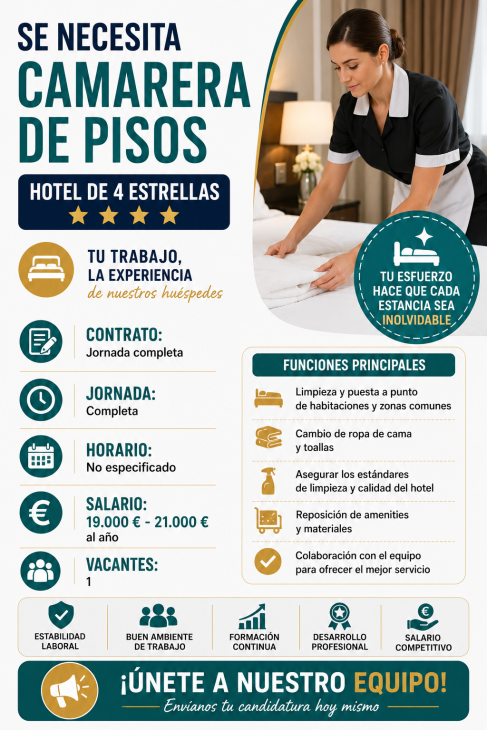 Se necesita camarera de pisos para hotel de 4 estrellas