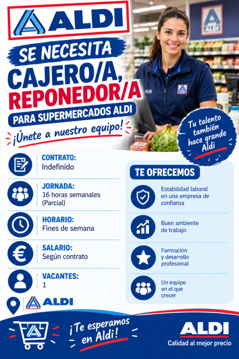 Supermercados Aldi necesita cajero/a, reponedor/a