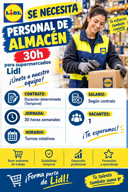 Se necesita personal de almacén 30h para supermercados Lidl