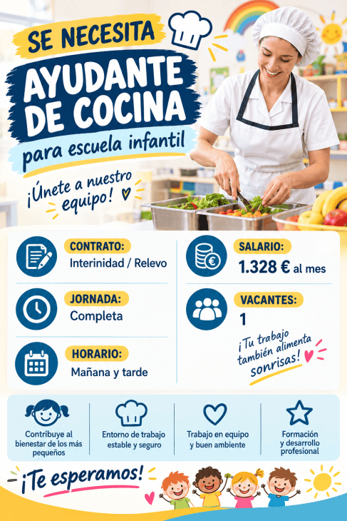 Se necesita ayudante de cocina para escuela infantil