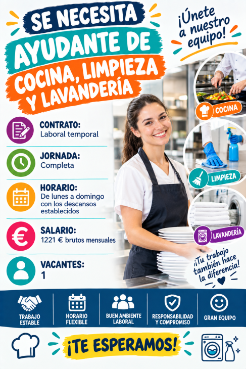 Se necesita ayudante de cocina, limpieza y lavandería