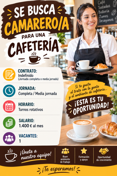 Se busca camarero/a para una cafetería