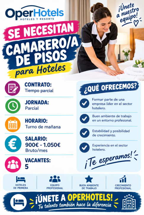 Empresa OperHotels necesitan 5 camarero/a de pisos para Hoteles