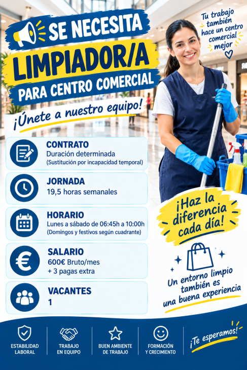 Se necesita limpiador/a para centro comercial