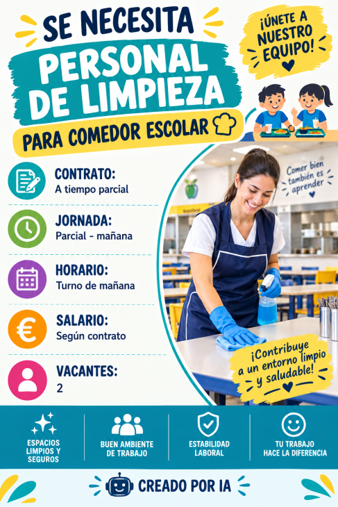 Se necesita personal de limpieza para comedor escolar