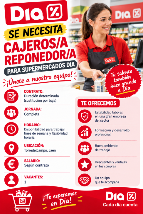 Supermercados Dia necesita cajeros/a reponedor/a