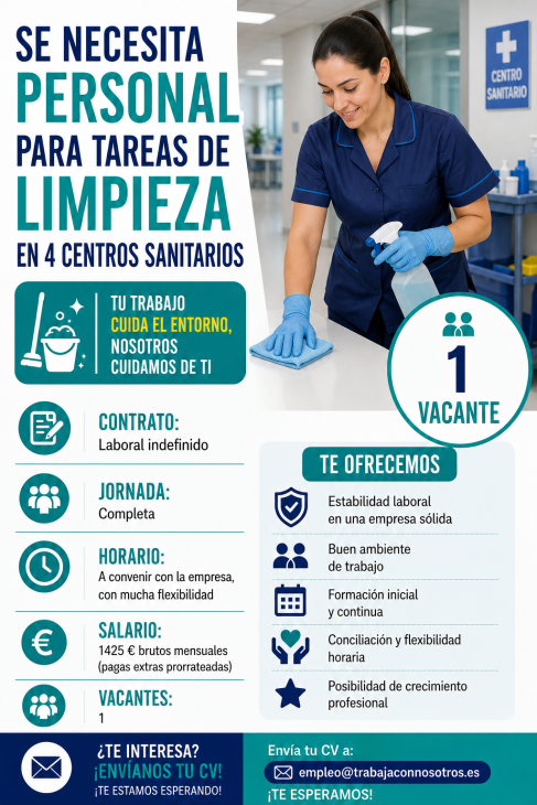 Se necesita personal para tareas de limpieza en 4 centros sanitarios