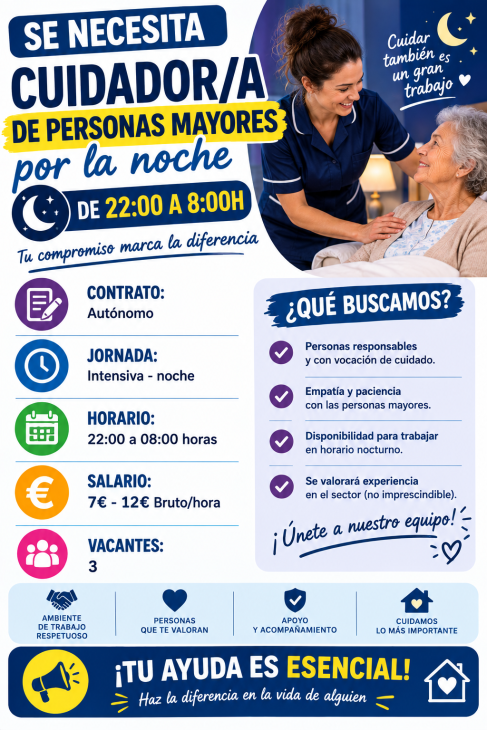 Cuidador/a de personas mayores por la noche de 22:00 a 8:00h
