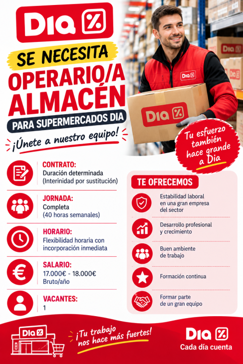 Se necesita operario/a de almacén para supermercados Dia