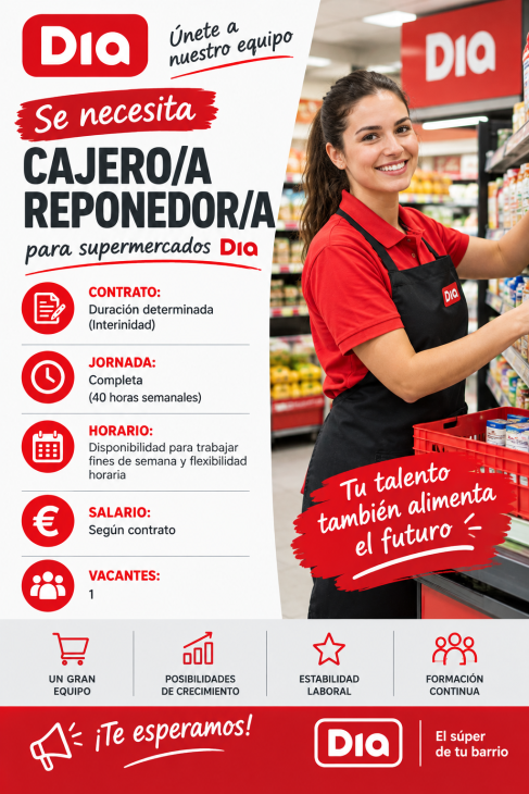 Se necesita cajero/a reponedor/a para supermercados Dia